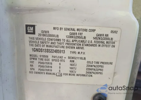 2002 Chevrolet Trailblazer Ls from USA, damaged, VIN 1GNDS13S522485913